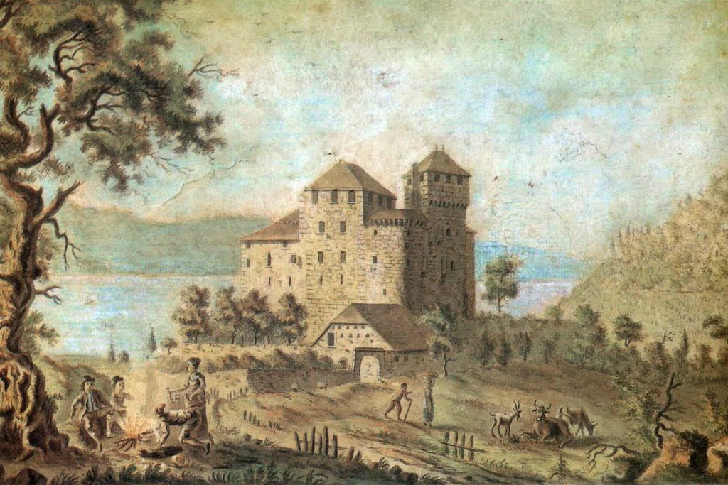Peinture ancienne du château de Menthon avant les transformations de 1880, avec ses tours carrées