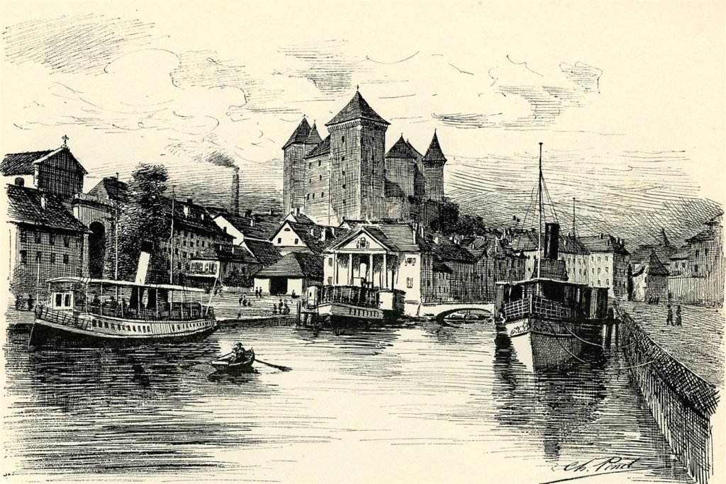 Le port d'Annecy et le château dessinés par Charles Pinet, bateaux à vapeur et cheminée d'usine